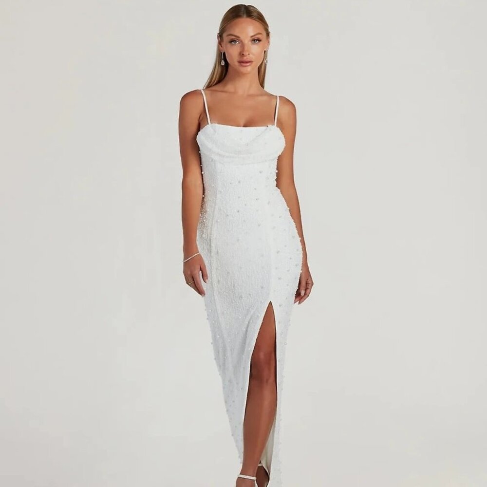 NWT Windsor Klara Cowl Neck Faux Pearl Beaded Dress in White - Size: Small